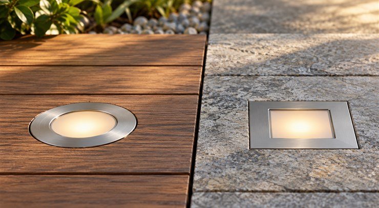 Round and square LED deck lights installed flush in timber and stone surfaces