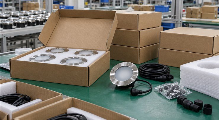 LED deck lights protected in export cartons with foam and accessories