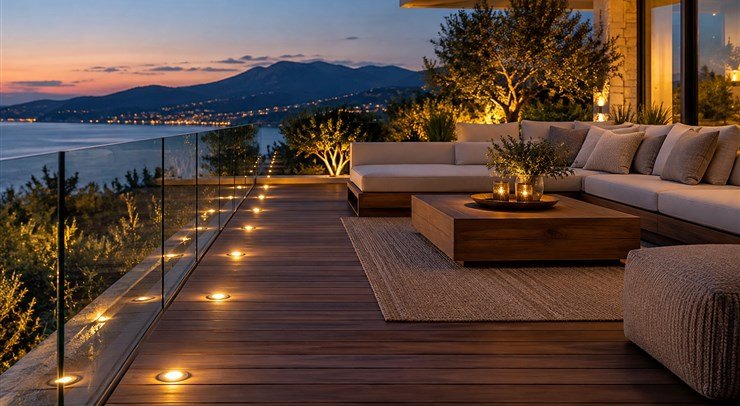 Recessed LED deck lights illuminating a modern timber terrace