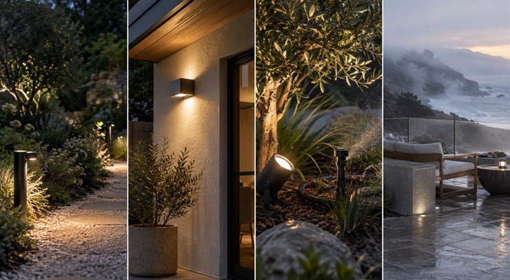 Different outdoor lighting exposure conditions including rain, ground and coastal air