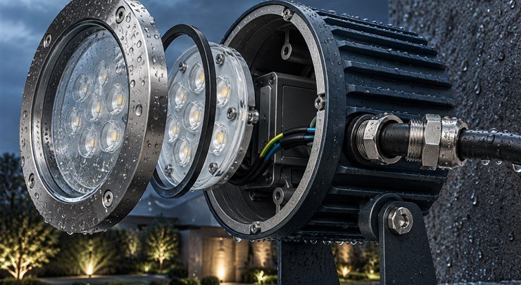 Sealed outdoor LED light housing with gasket and cable gland
