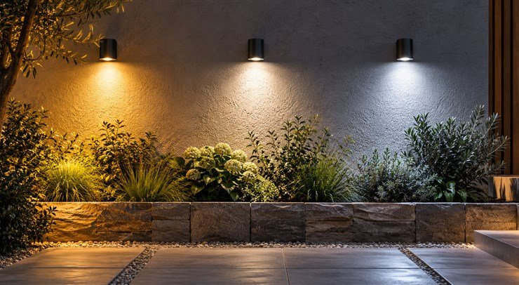 Outdoor LED light samples showing warm neutral and cool colour effects on materials