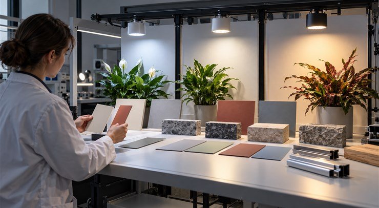 Outdoor LED samples being compared on plants and material boards in a lighting lab
