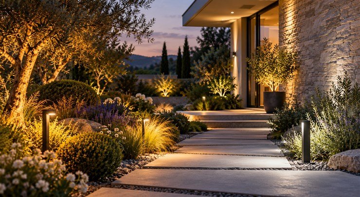 Outdoor LED lighting showing warm and neutral colour moods in a garden